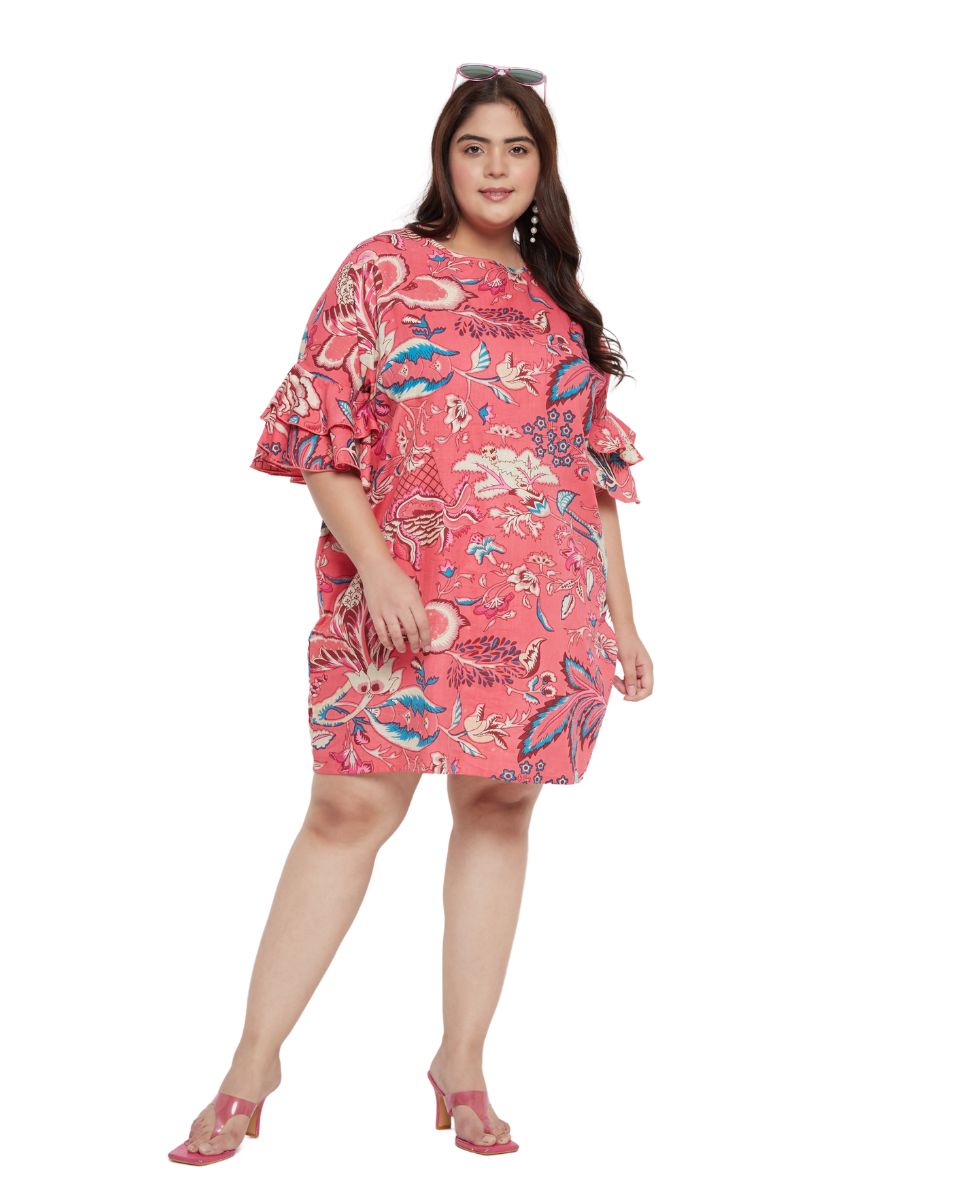 Pink Floral Printed Cotton Tunic For Plus Size Women