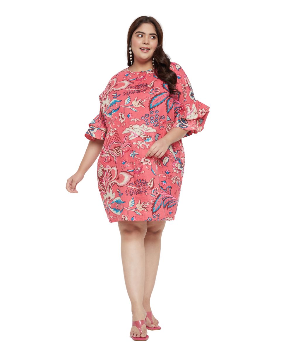 Pink Floral Printed Cotton Tunic For Plus Size Women