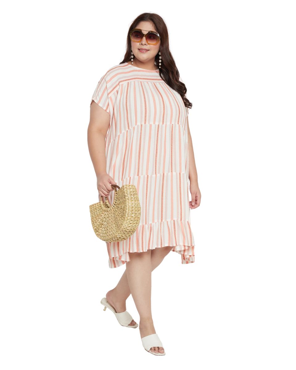 Off-White Striped Printed Cotton Tunic Top For Plus Size Women