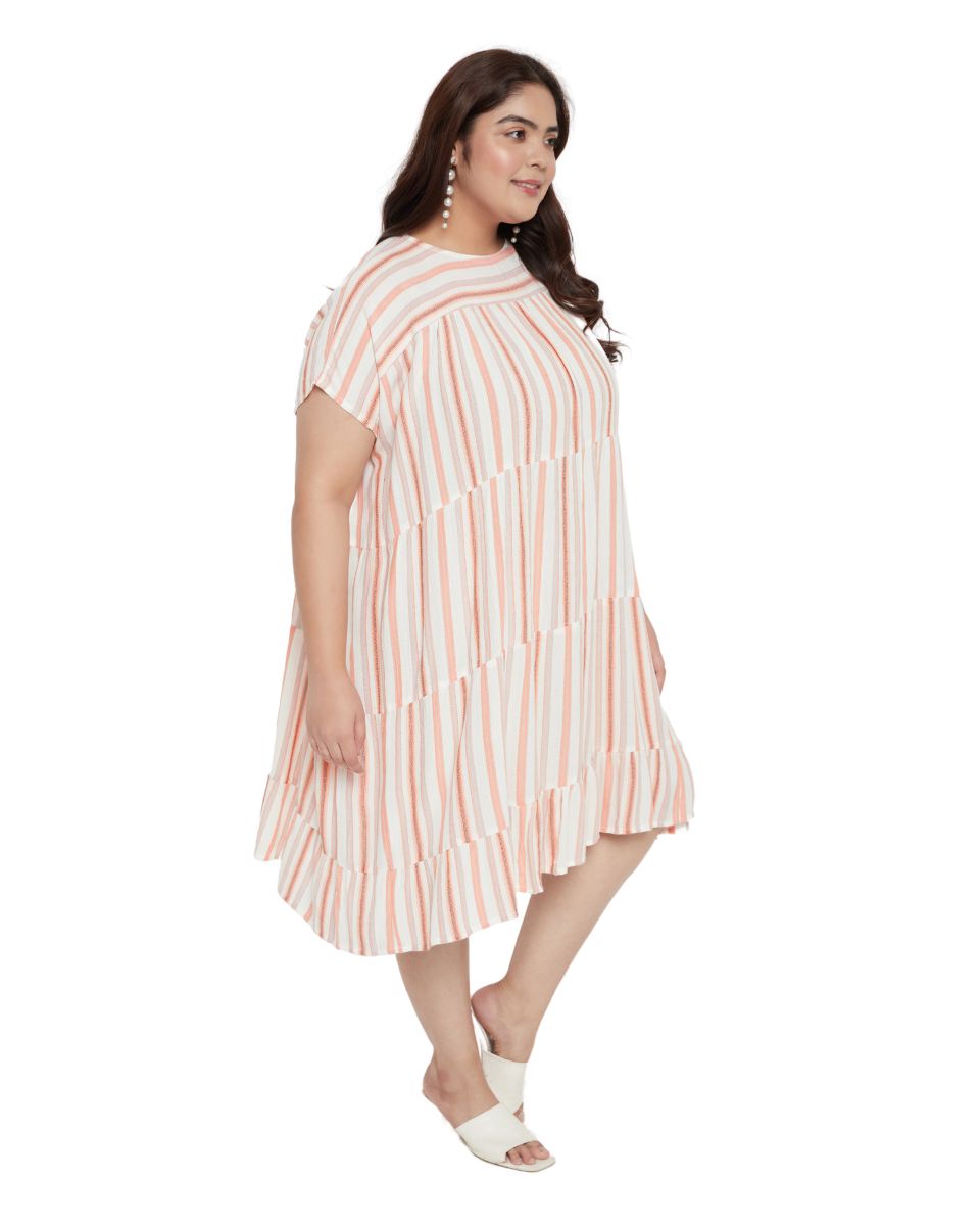 Off-White Striped Printed Cotton Tunic Top For Plus Size Women