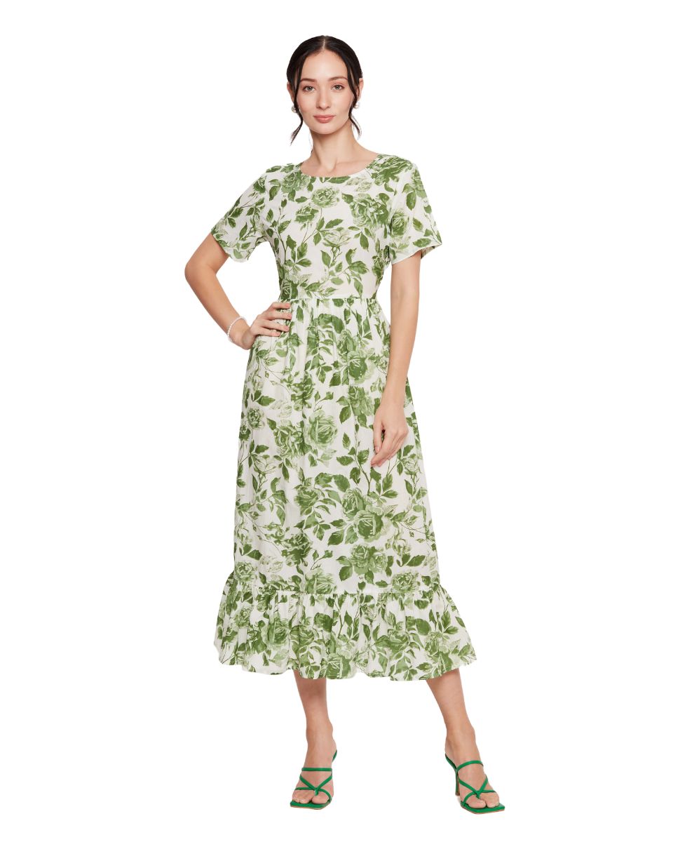 Floral Printed White and Green Women Dress
