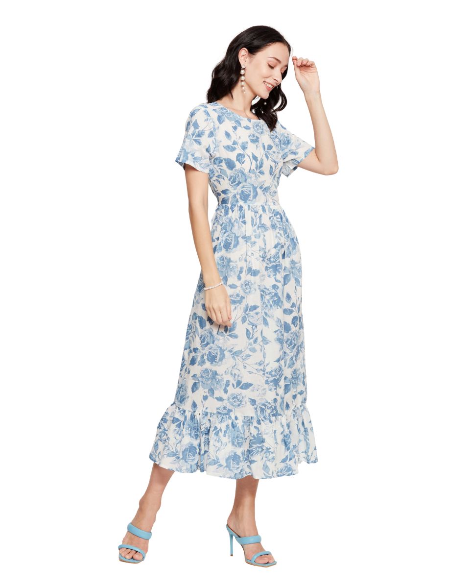 Blue And White Floral Printed Cotton Dress For Women