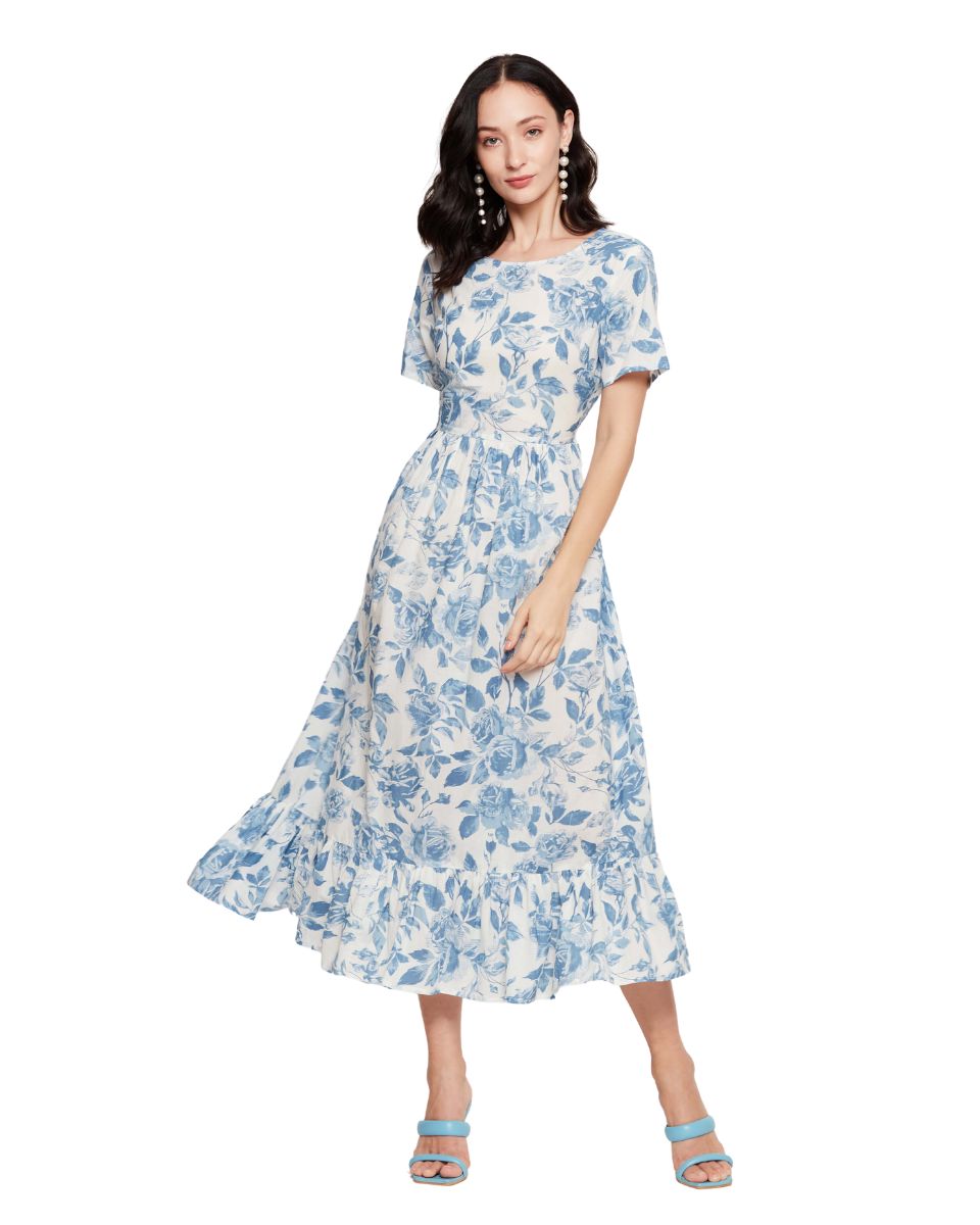 Floral Printed White and Blue Women Dress