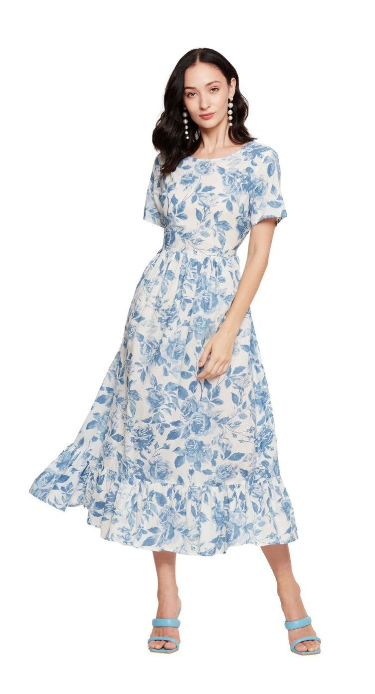 Blue And White Floral Cotton Midi Dress For Women - S M L XL - SKU DRS-9070 S - Gypsie Blu