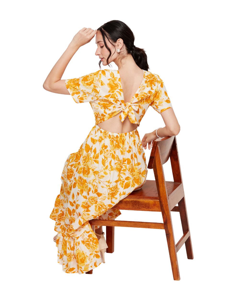 Yellow And White Floral Print Cotton Dress For Women