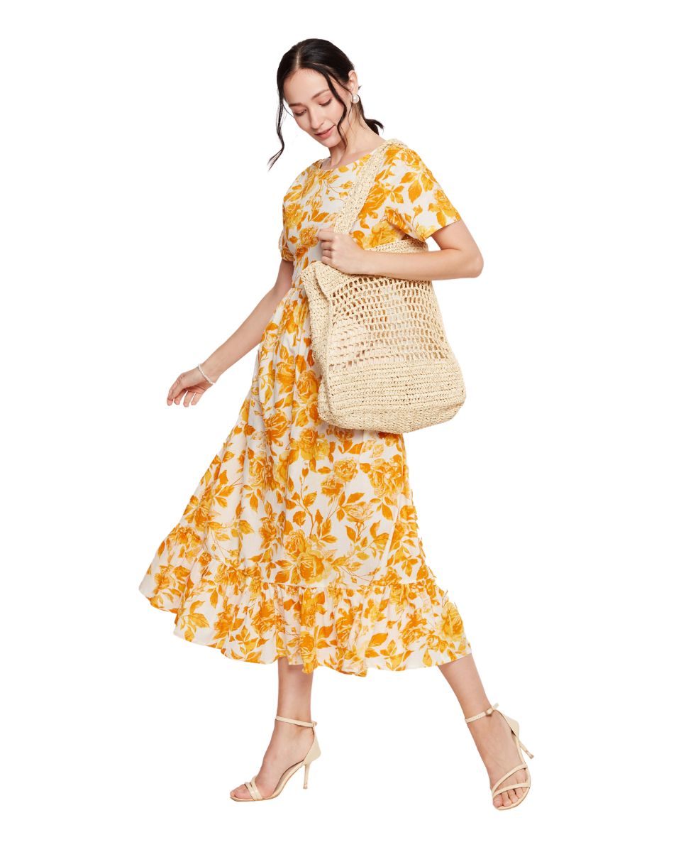 Yellow And White Floral Print Cotton Dress For Women