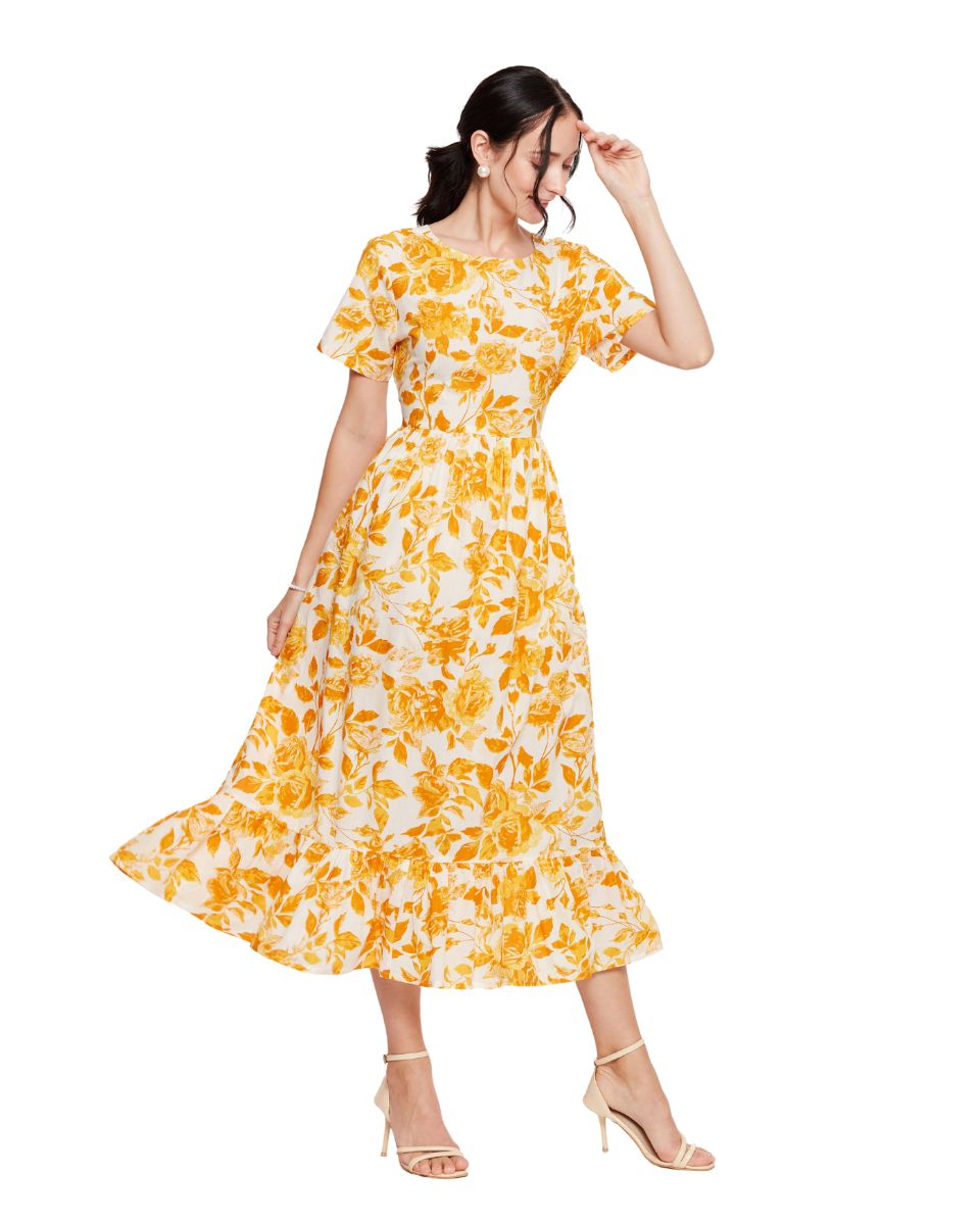 Yellow And White Floral Print Cotton Dress For Women