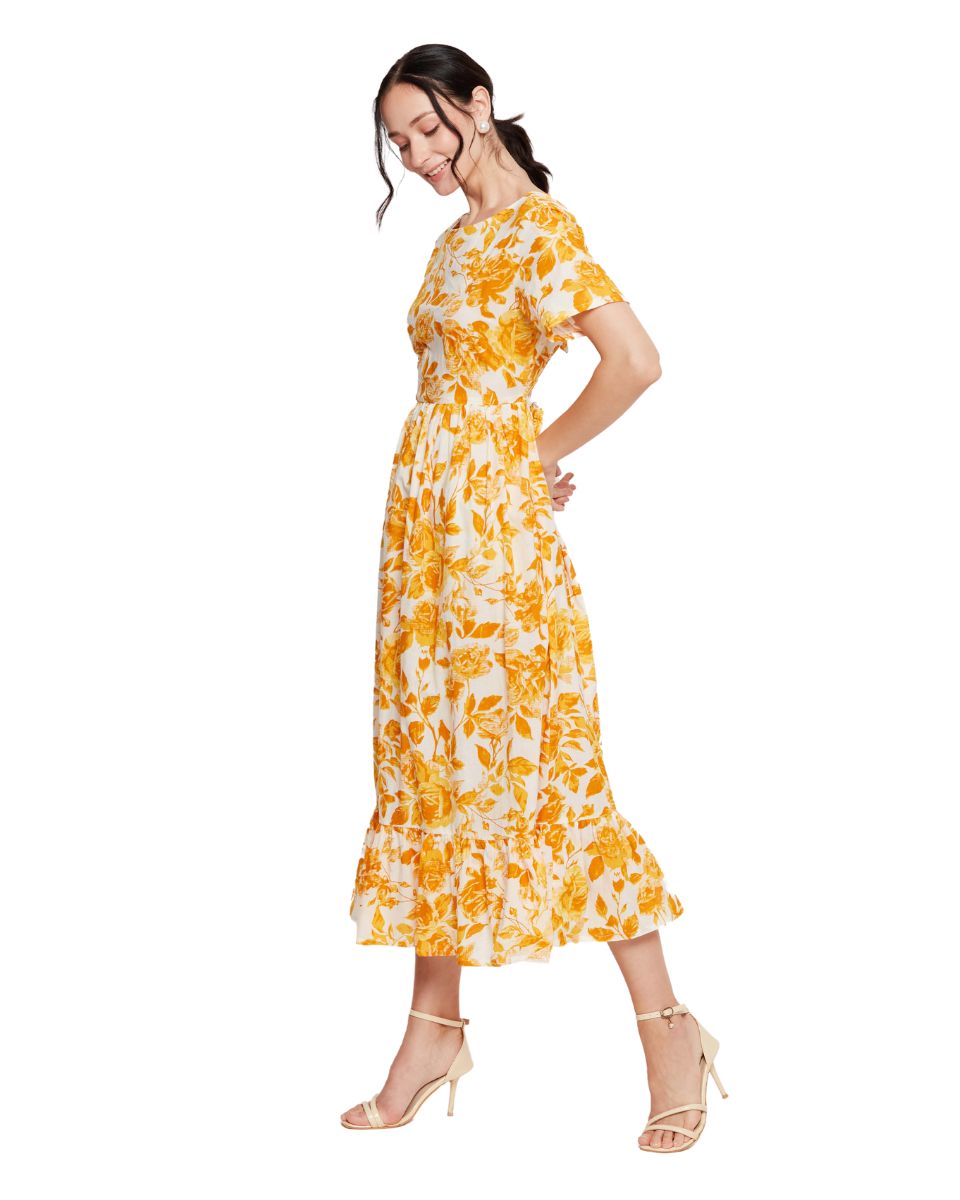 Yellow And White Floral Print Cotton Dress For Women