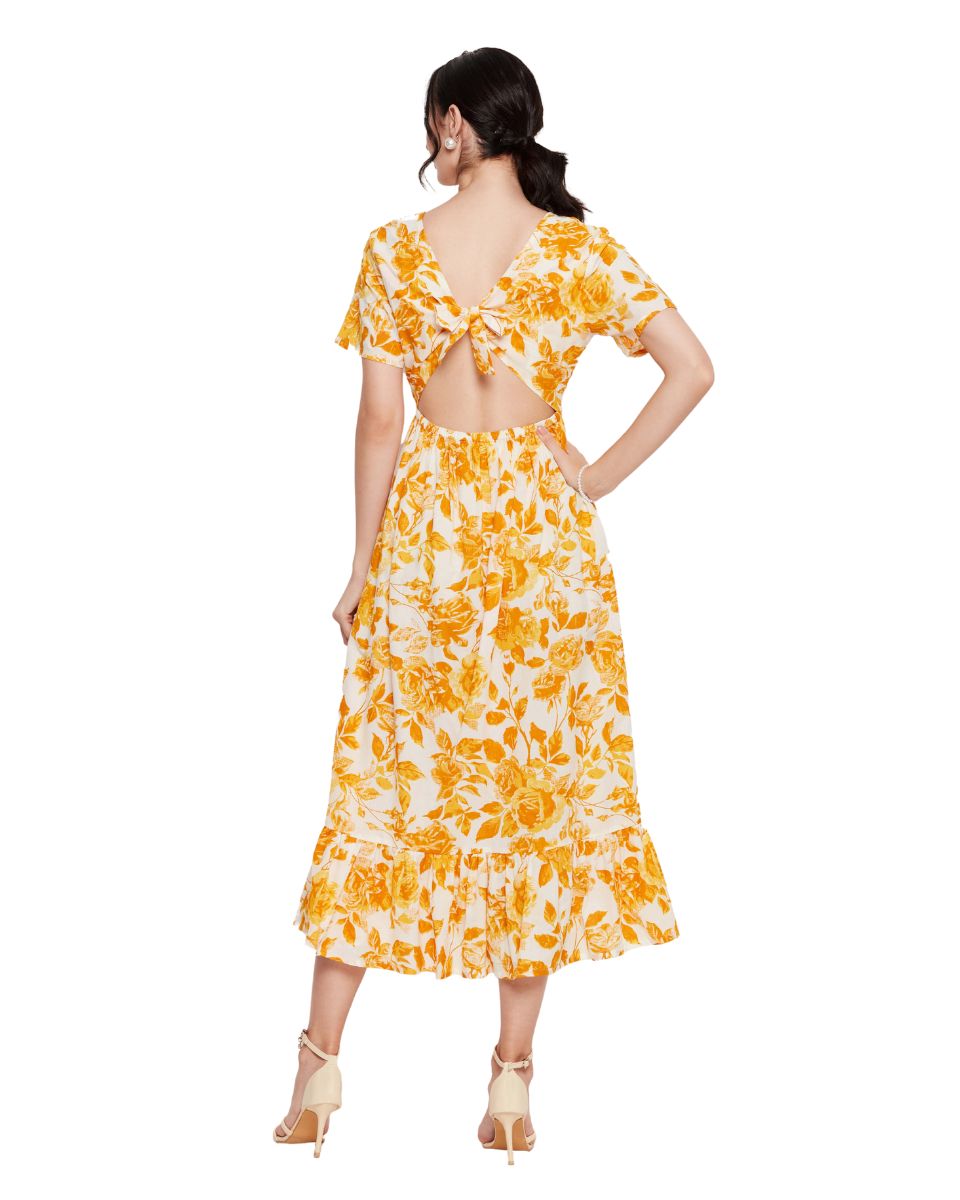 Yellow And White Floral Print Cotton Dress For Women