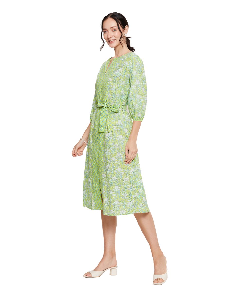 Neon Green Cotton Floral Printed Dress For Women