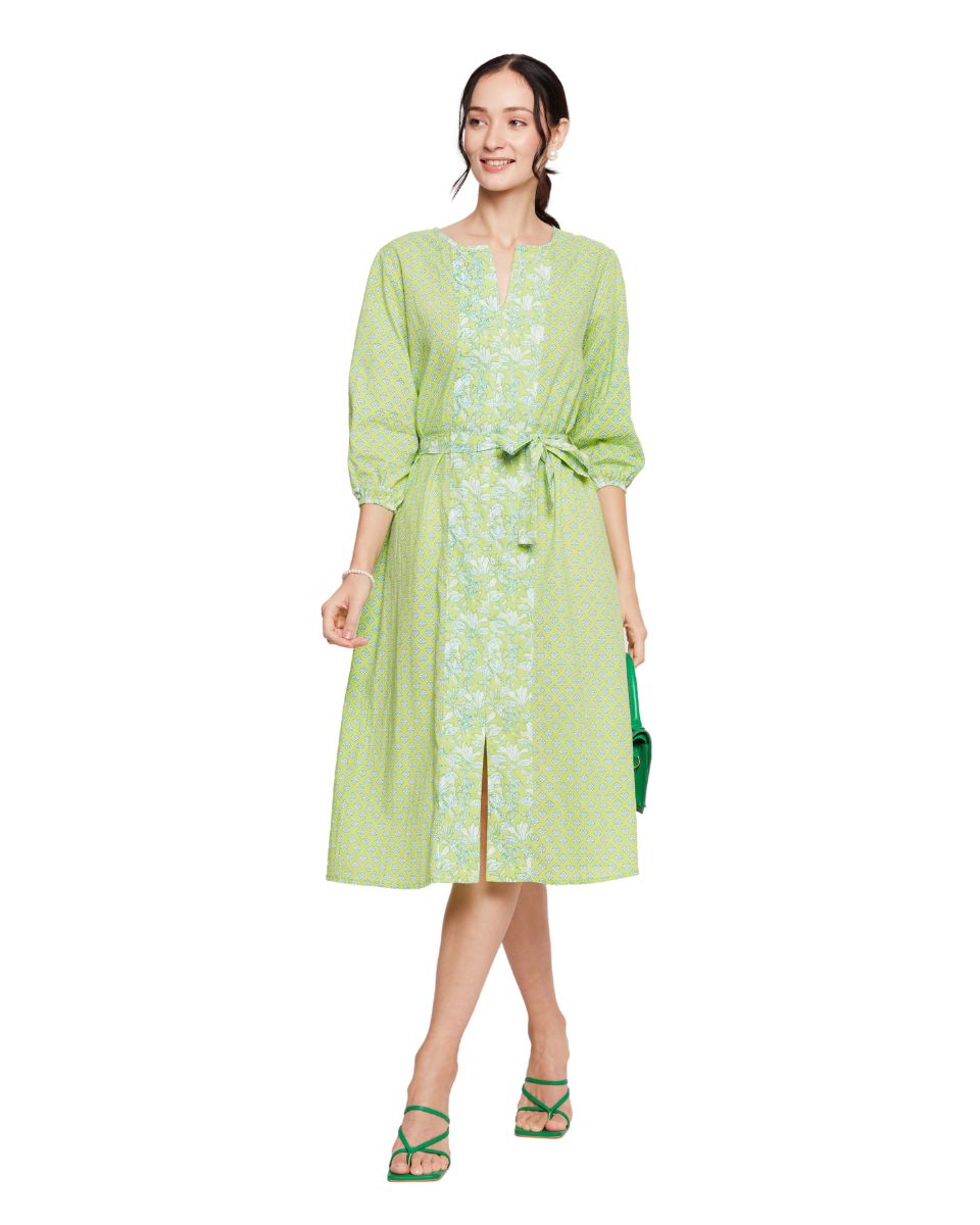 Floral Printed Neon Green Women Dress