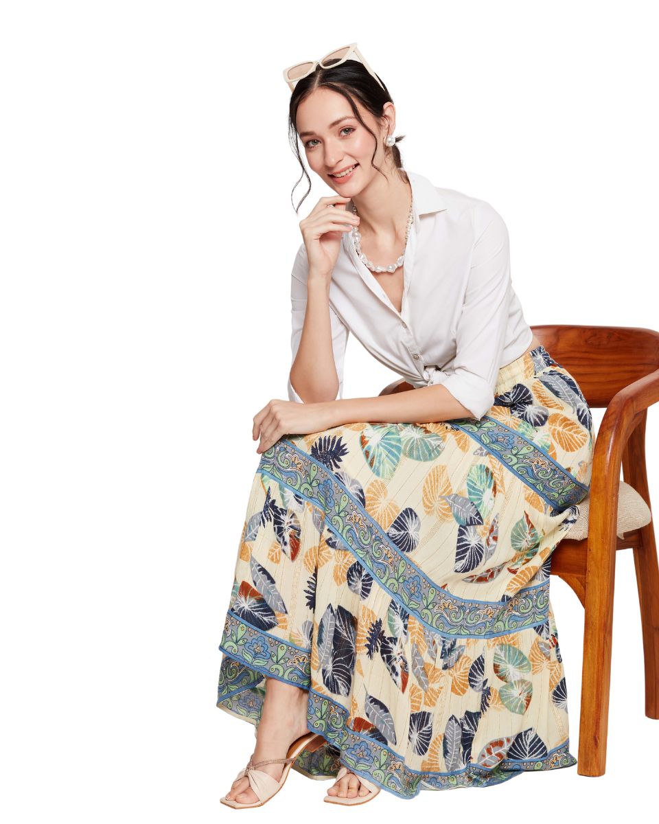 Leaf Printed Multicolor Rayon Skirt For Women