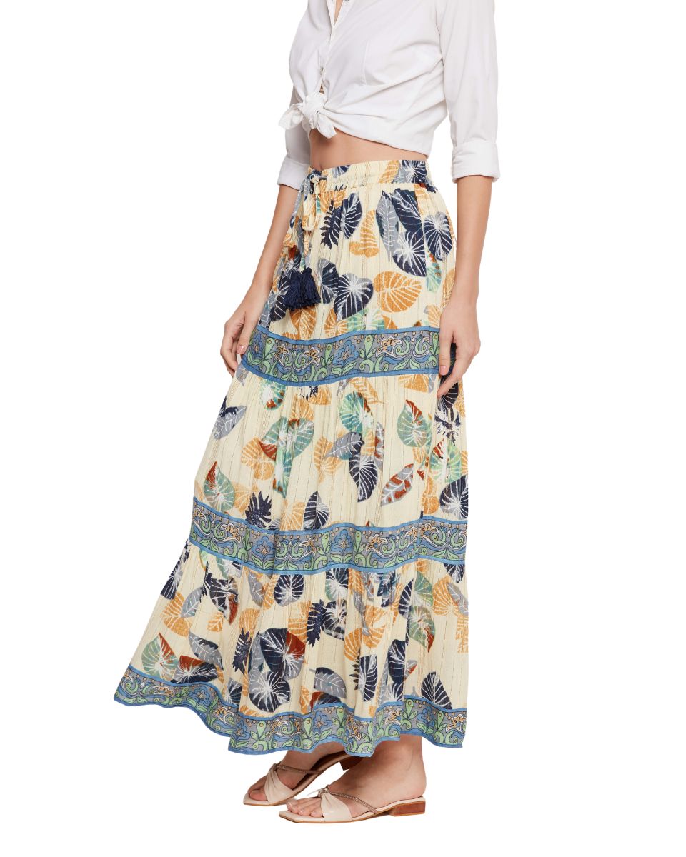 Leaf Printed Multicolor Rayon Skirt For Women