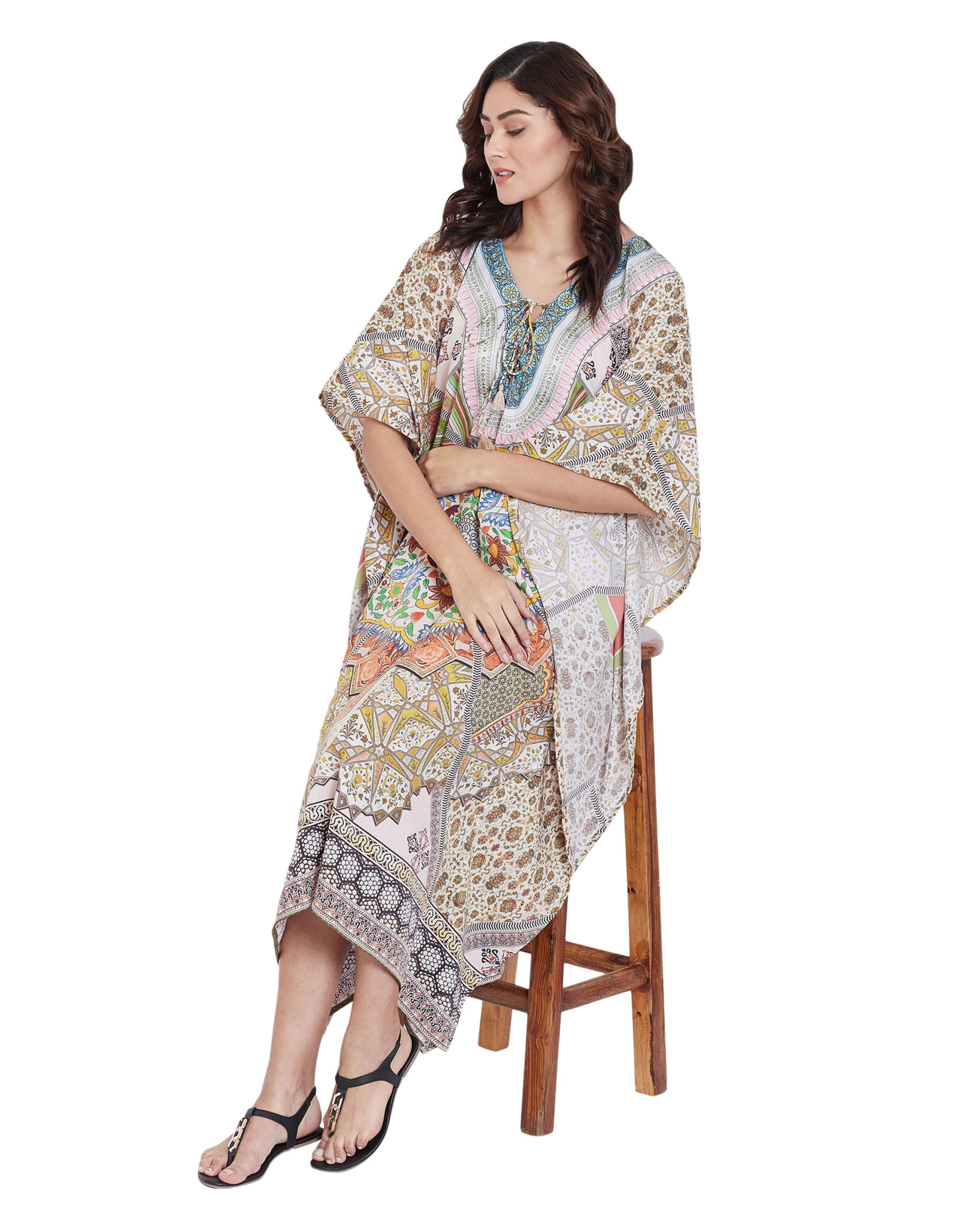 Floral Print Yellow Polyester Plus Size Digital Kaftan Dress For Women