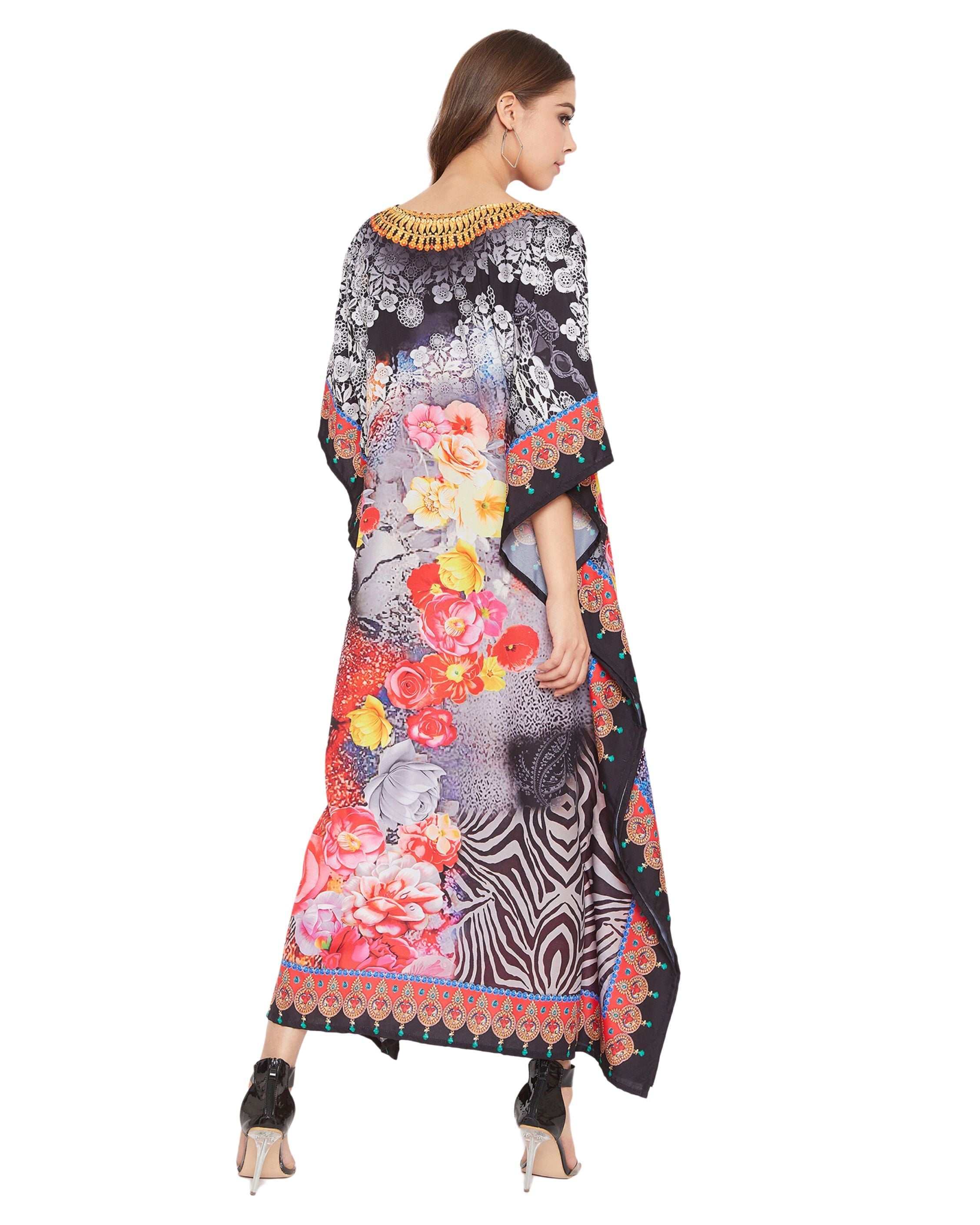 Floral Printed Black Polyester Digital Kaftan Dress for Women