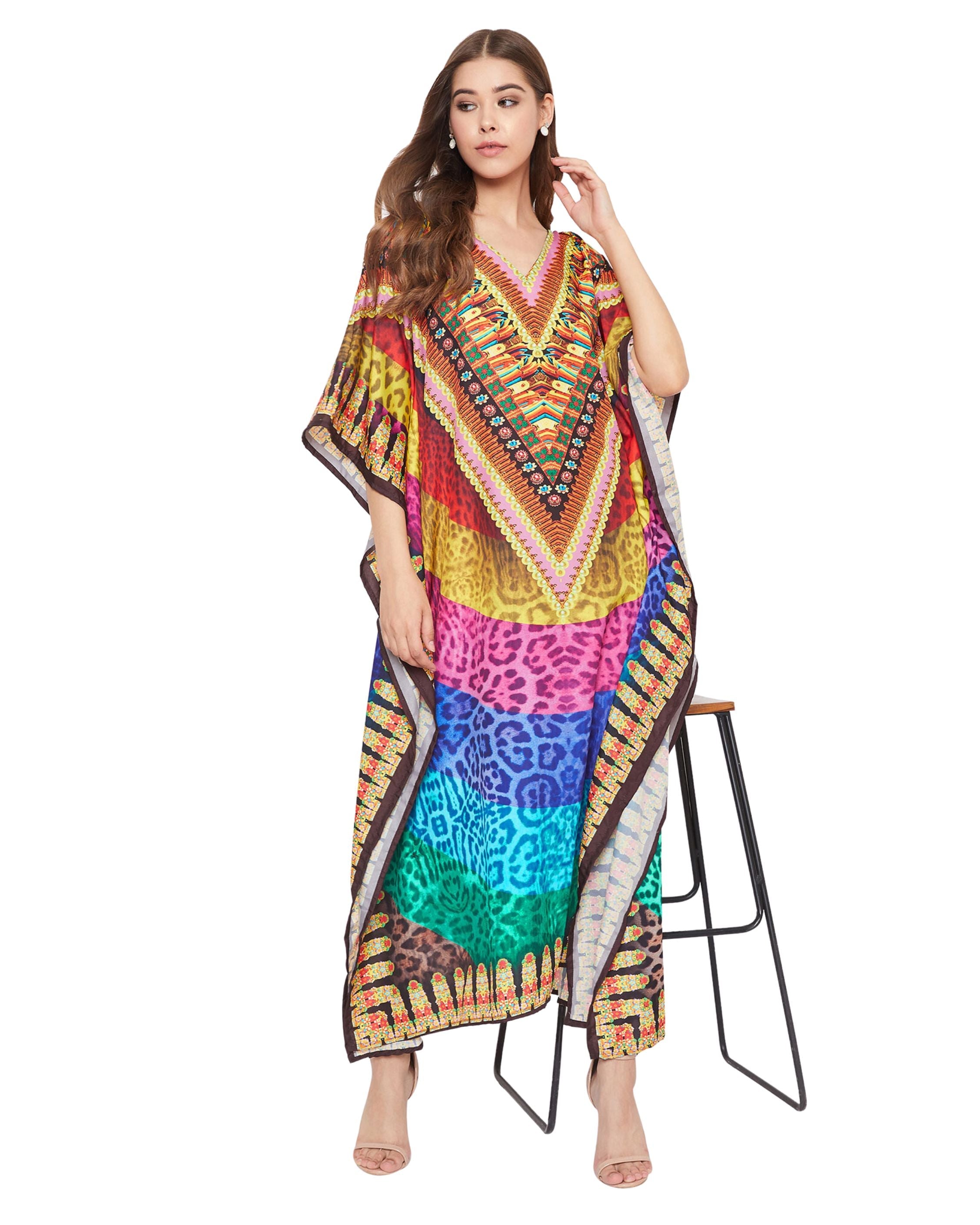 Animal Printed Multicolor Polyester Digital Kaftan Dress for Women