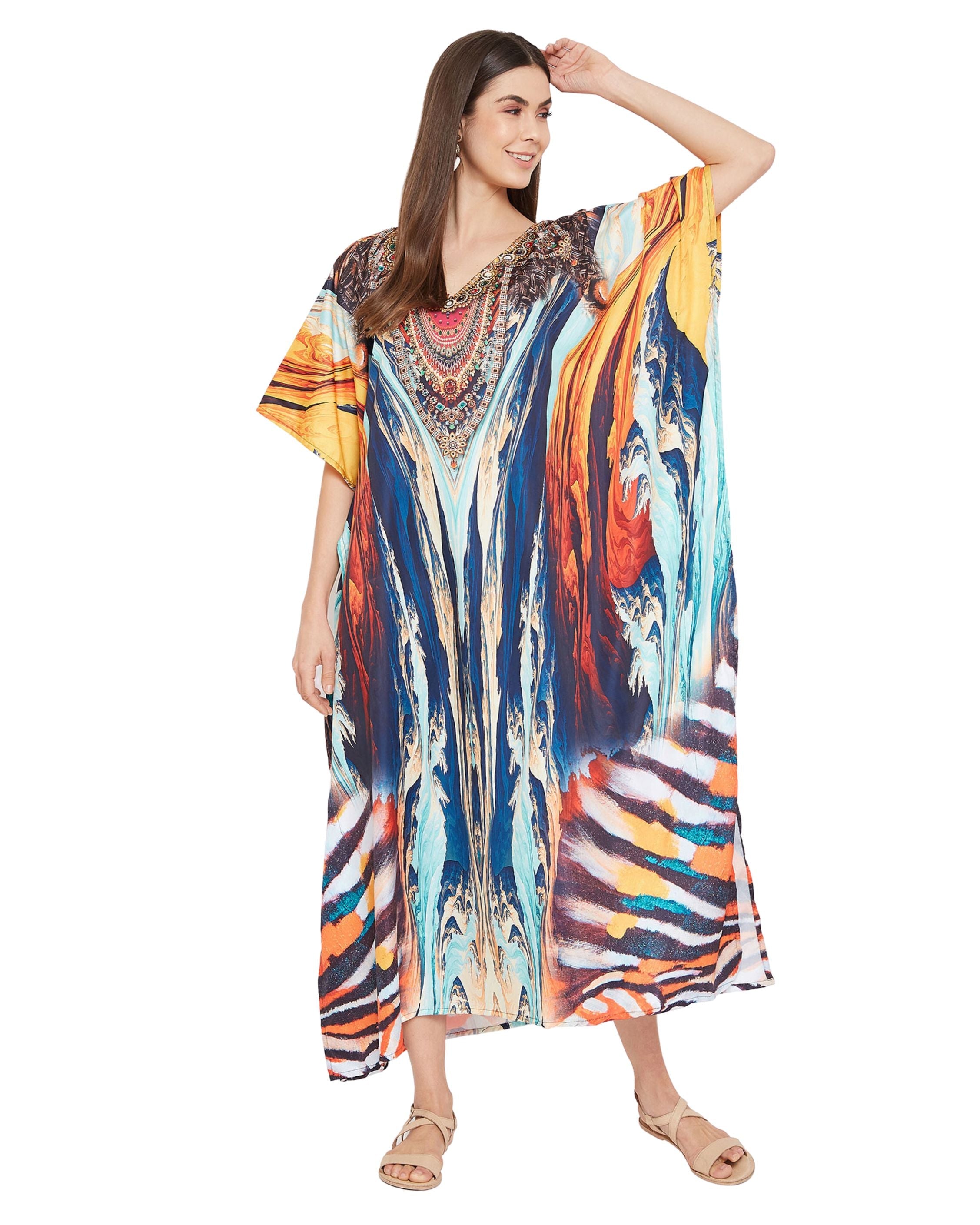 Abstract Printed Multicolor Polyester Digital Kaftan Dress for Women