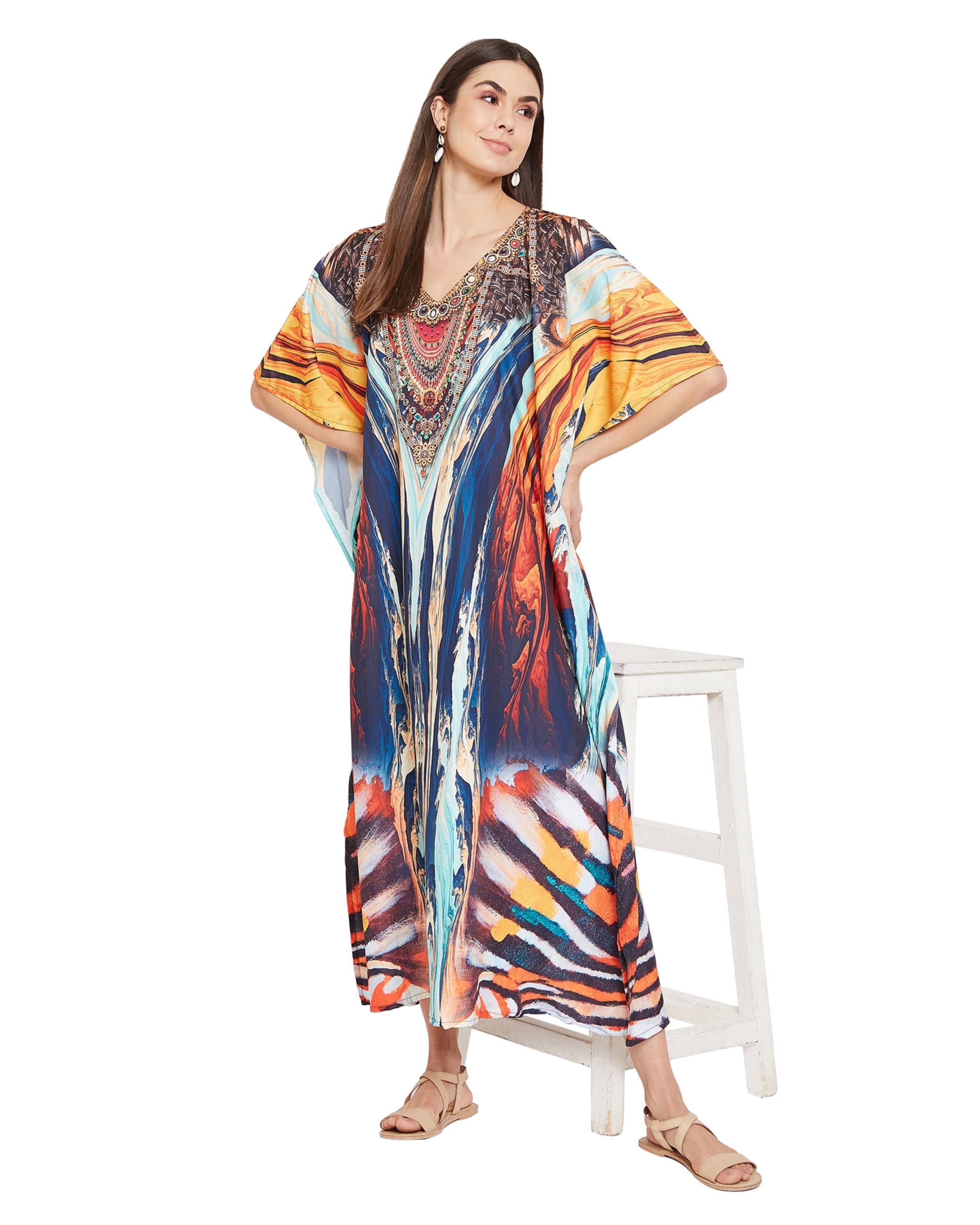 Abstract Printed Multicolor Polyester Digital Kaftan Dress for Women
