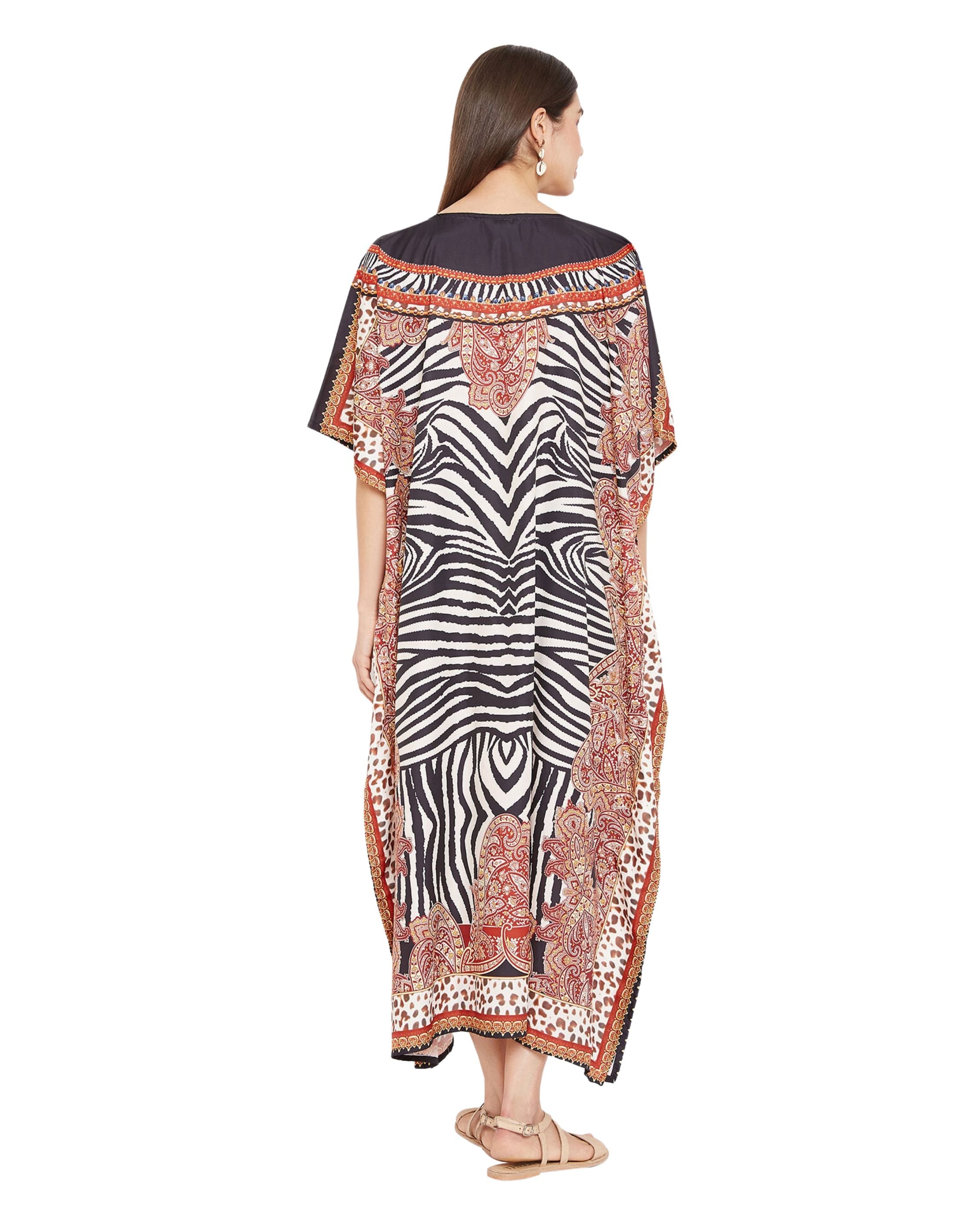 Abstract Printed Red Polyester Digital Kaftan Dress for Women