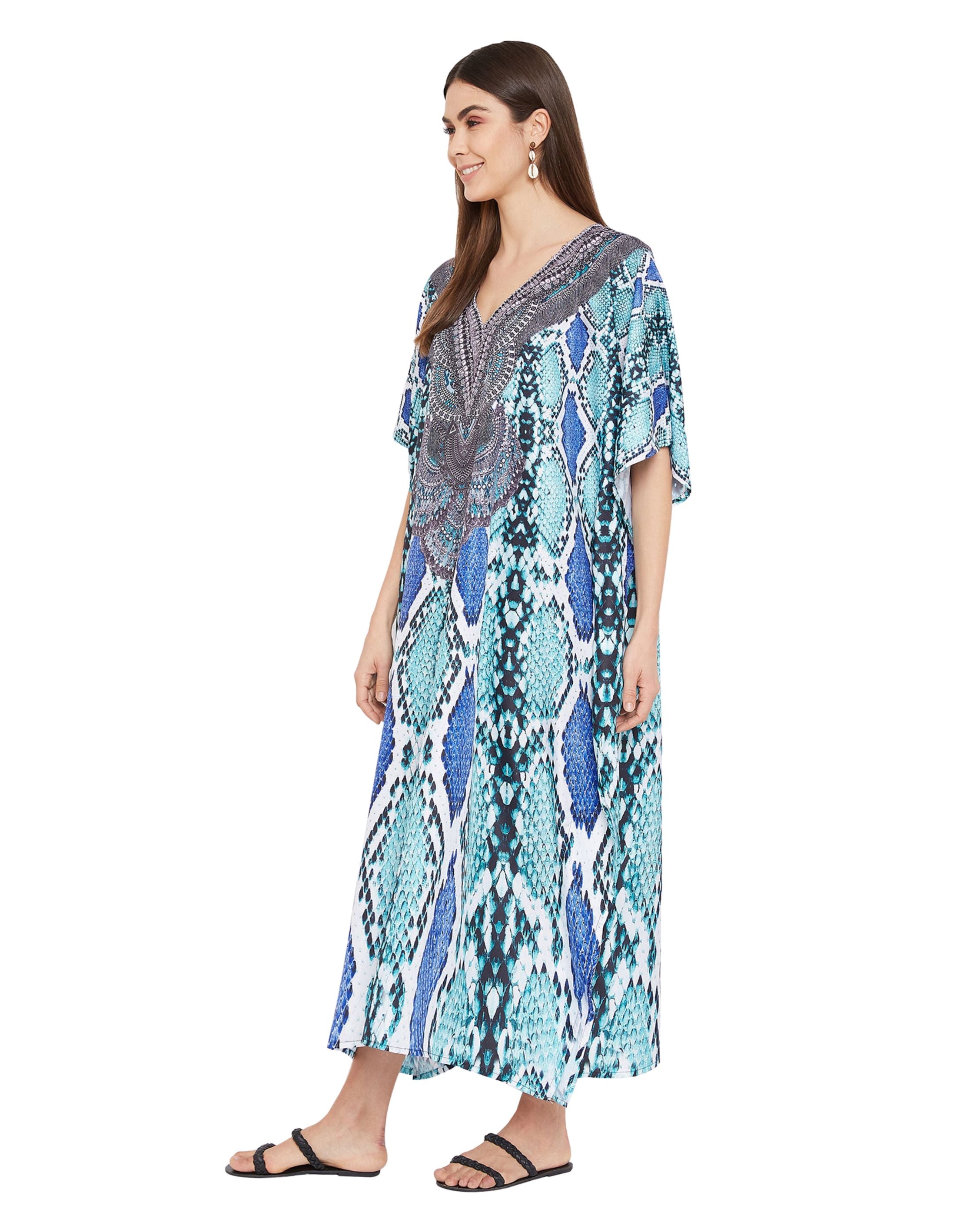 Printed Turquoise Polyester Digital Kaftan Dress Plus Size For Women