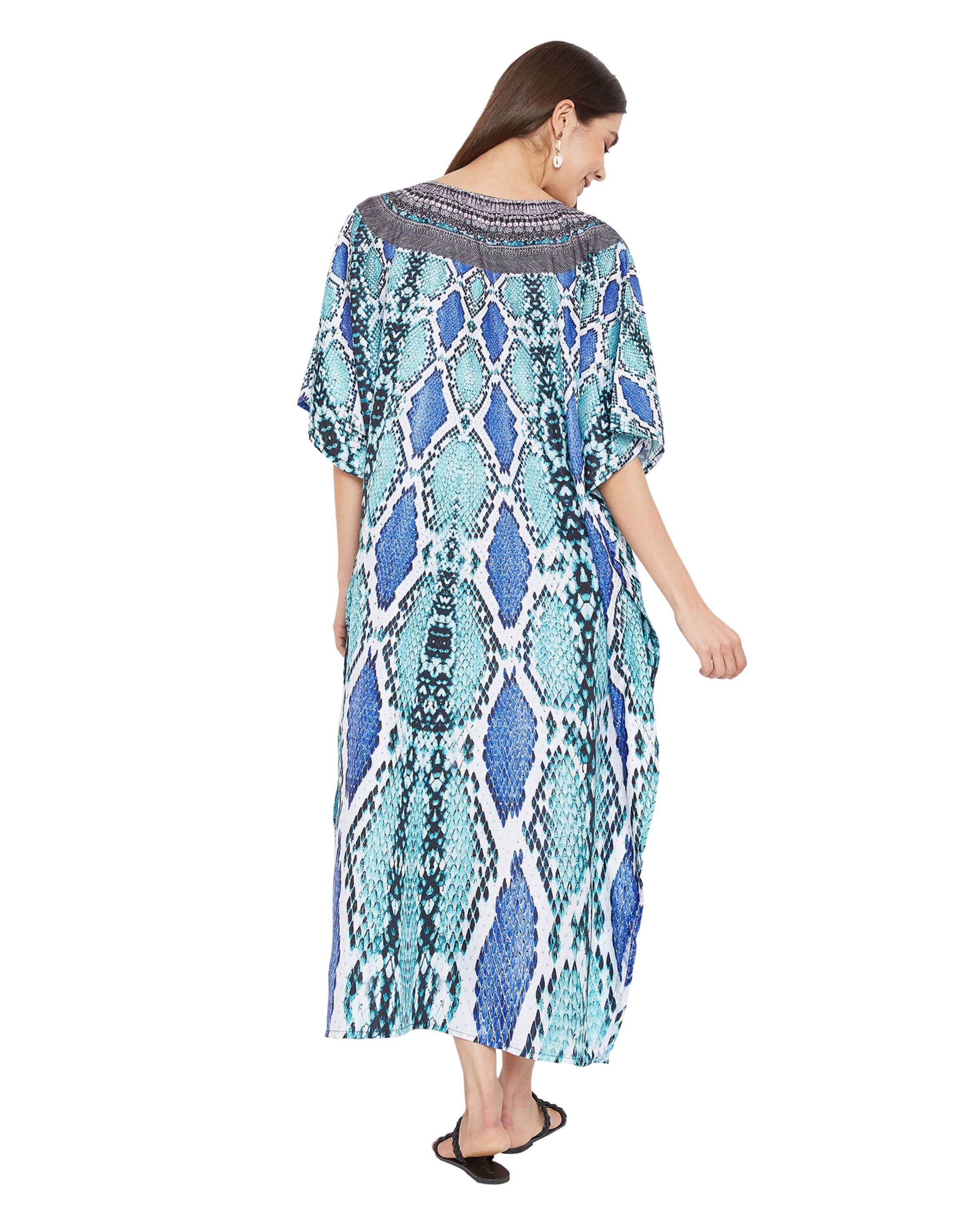 Abstract Printed Turquoise Polyester Digital Kaftan Dress for Women