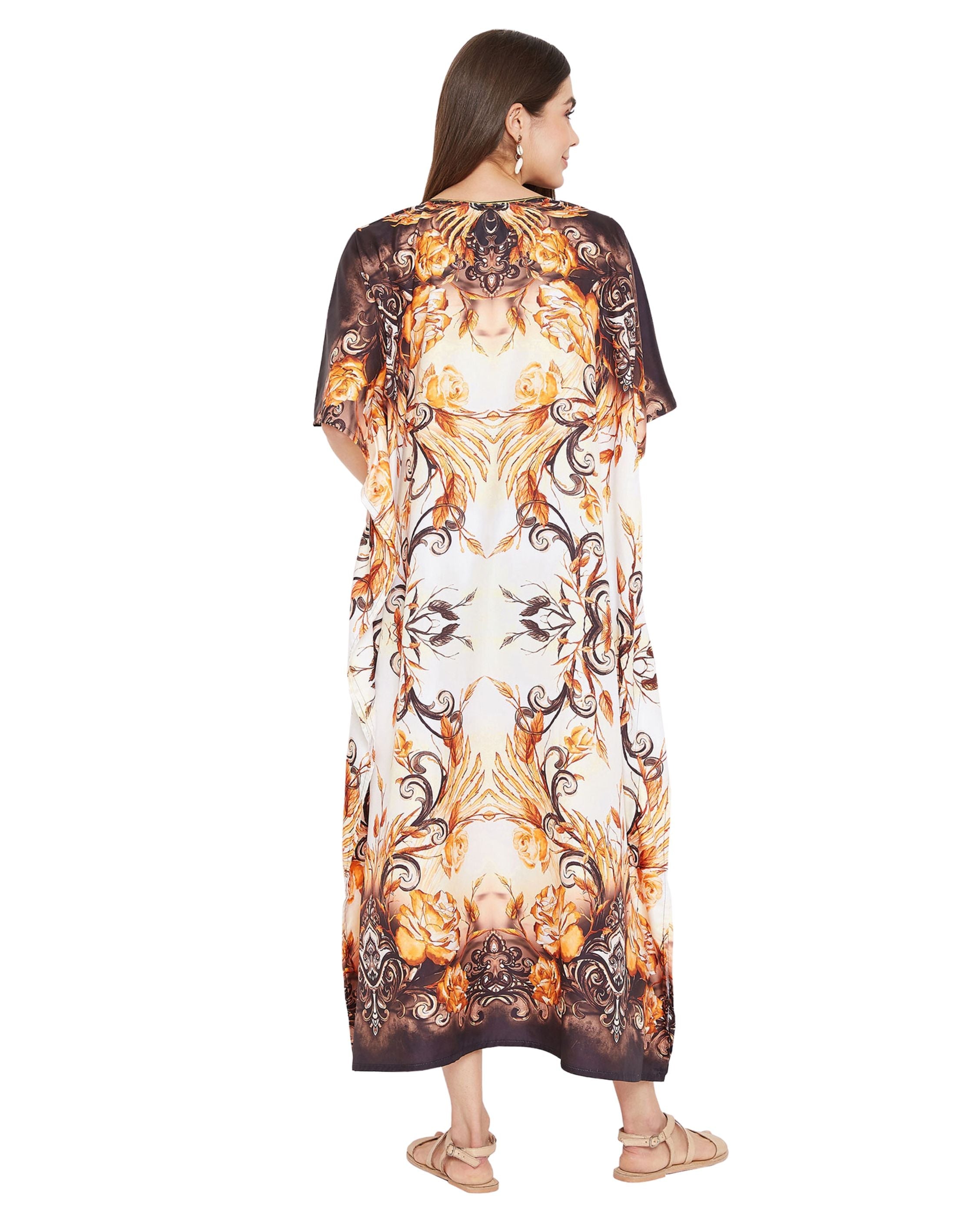 Leaf Printed Brown Polyester Digital Kaftan Dress for Women