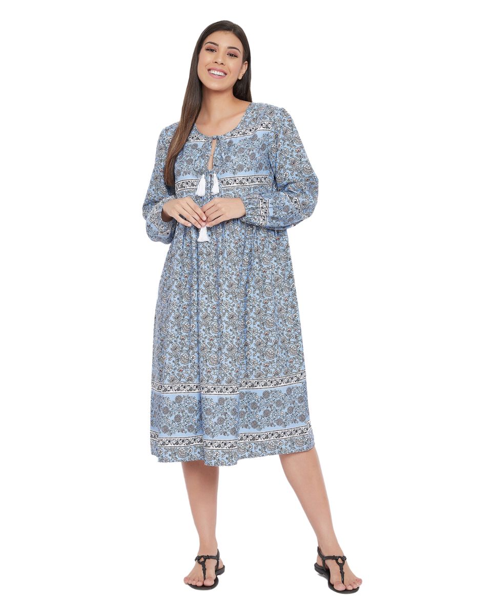 Sky Blue Poly Cotton Floral Print Drawstring Midi Dress For Women