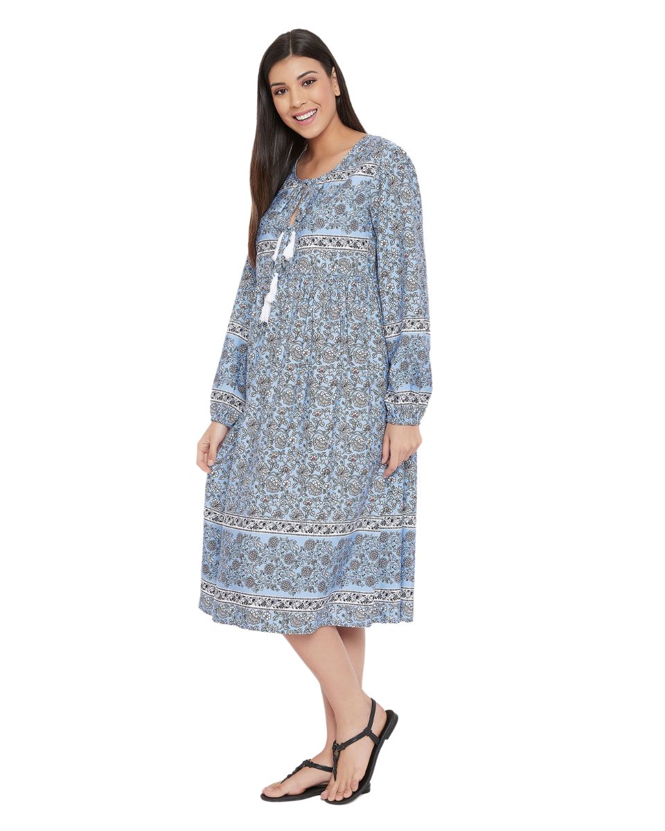 Sky Blue Poly Cotton Floral Print Drawstring Midi Dress For Women