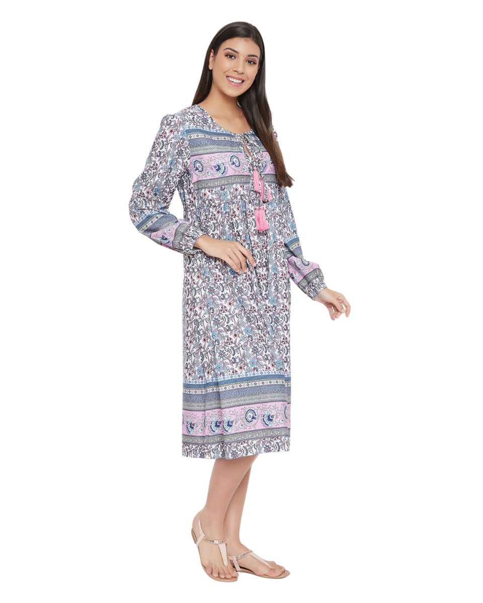 Gray Cotton Empire Floral Printed Dress For Women