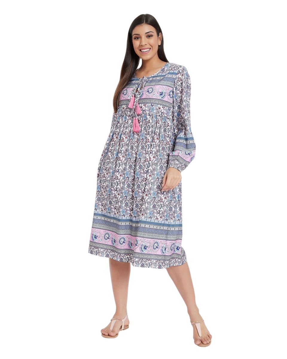 Gray Cotton Empire Floral Printed Dress For Women