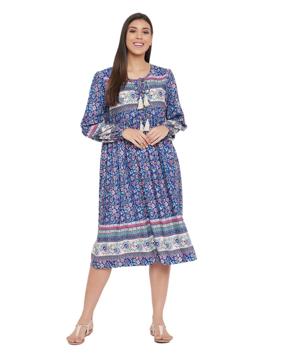 Blue Poly Cotton Floral Pattern Drawstring Midi Dress For Women