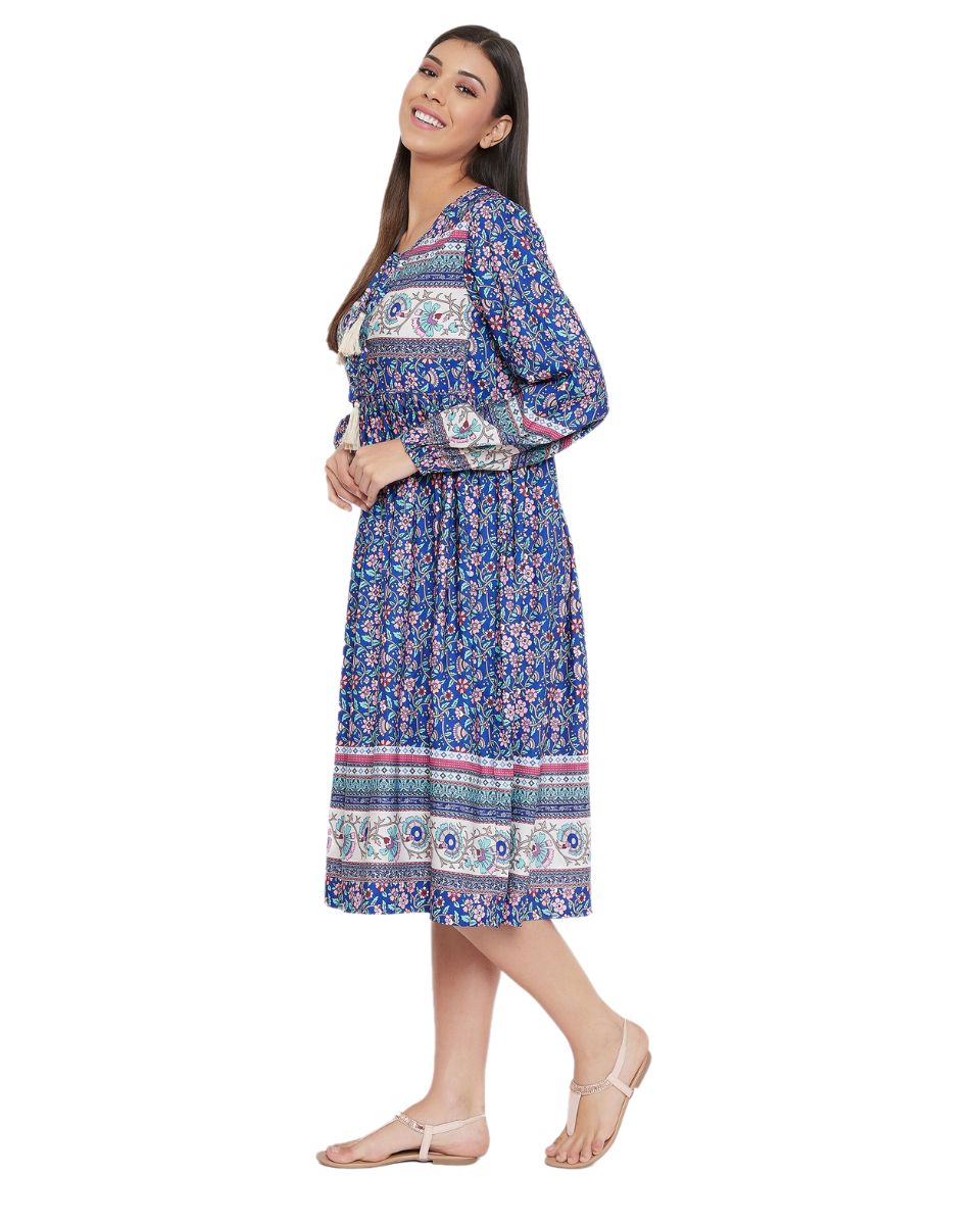 Blue Poly Cotton Floral Pattern Drawstring Midi Dress For Women