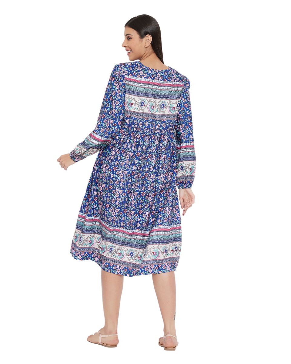 Blue Poly Cotton Floral Pattern Drawstring Midi Dress For Women