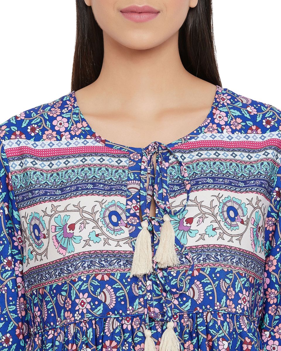 Floral Printed Blue Cotton Empire Dress for Women