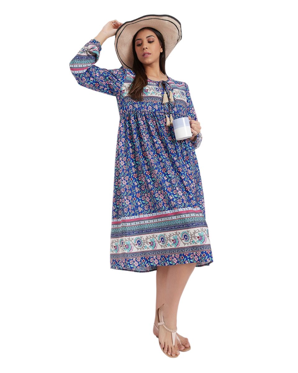 Blue Poly Cotton Floral Pattern Drawstring Midi Dress For Women