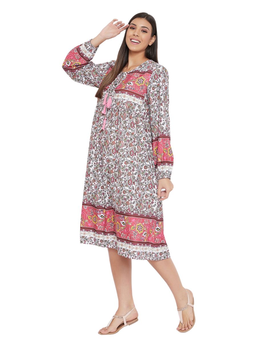 Floral Printed Pink Cotton Empire Dress for Women