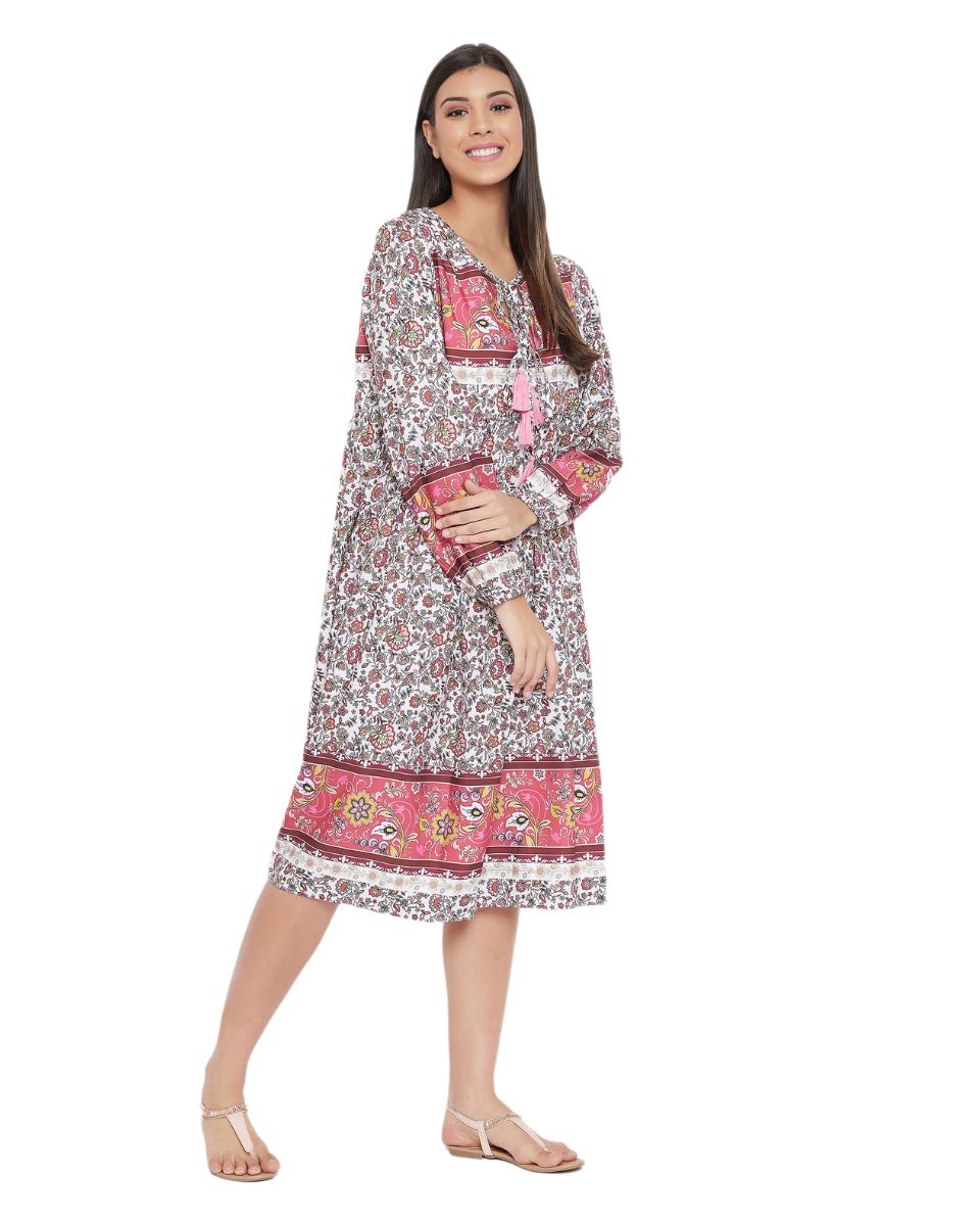 Floral Printed Pink Cotton Empire Dress for Women