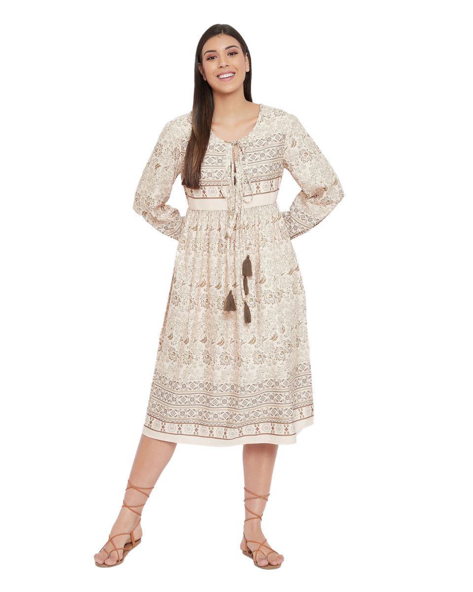 Floral Printed Beige Cotton Empire Dress for Women