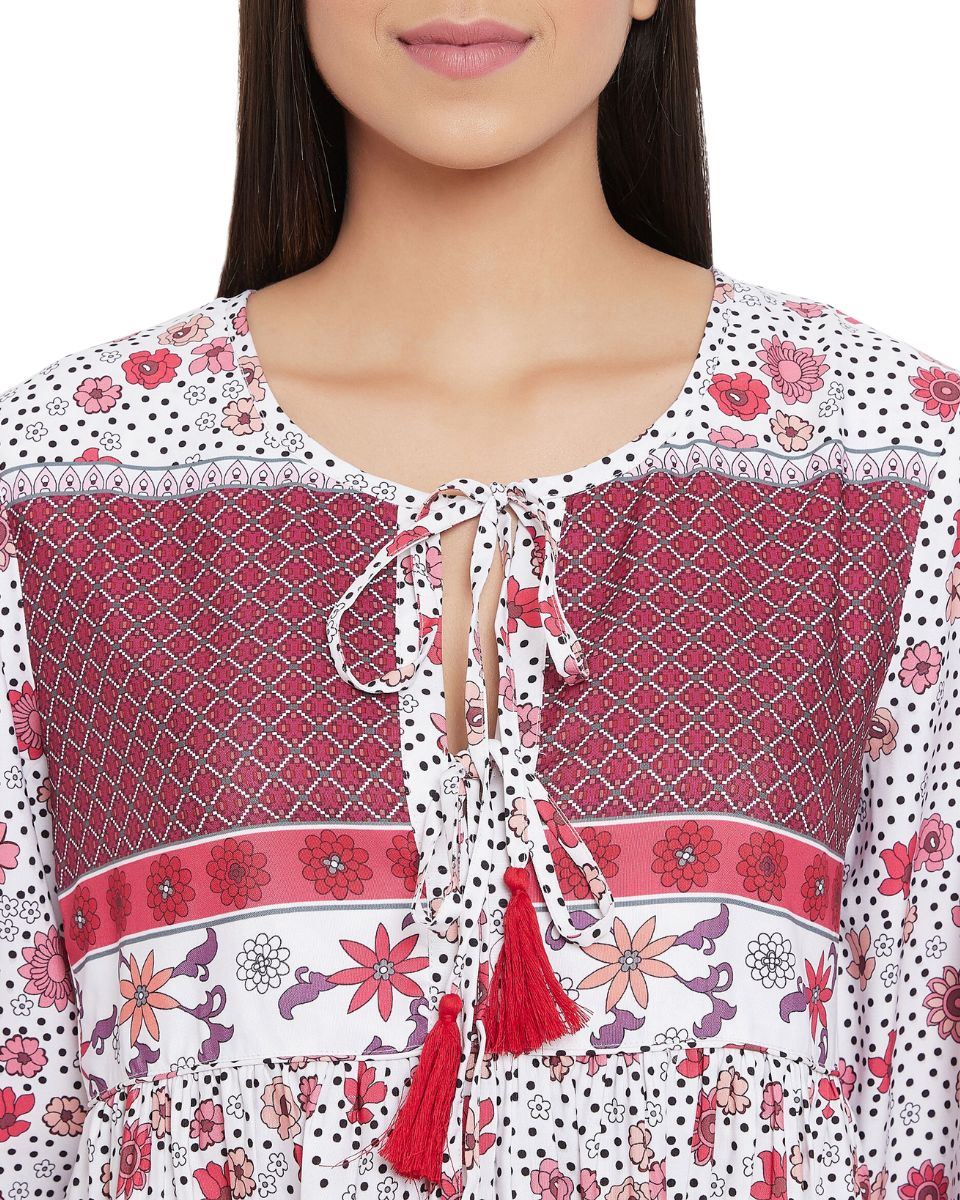 Floral Printed Red Cotton Empire Dress for Women