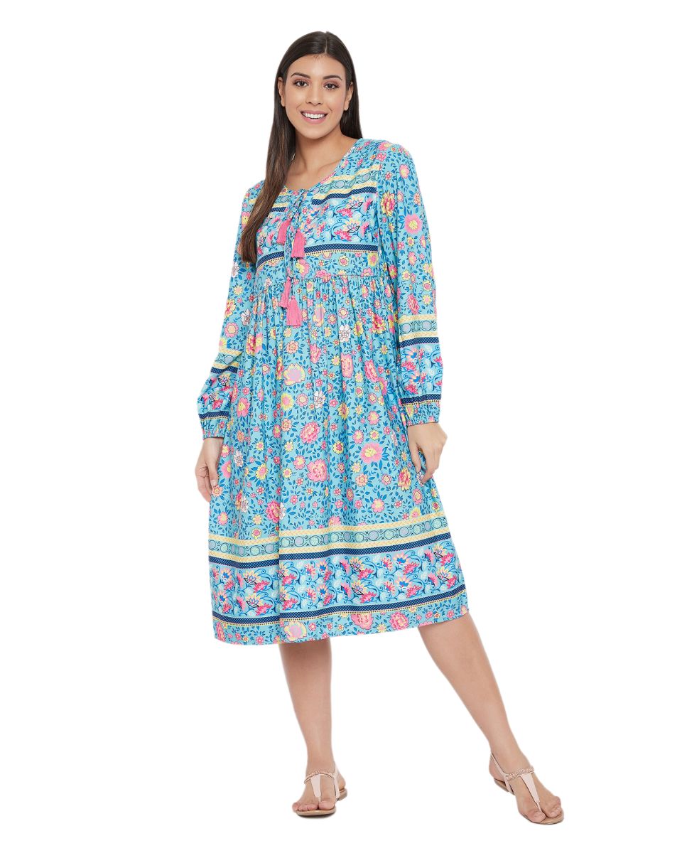 Sky Blue Floral Print Drawstring Poly Cotton Dress For Women