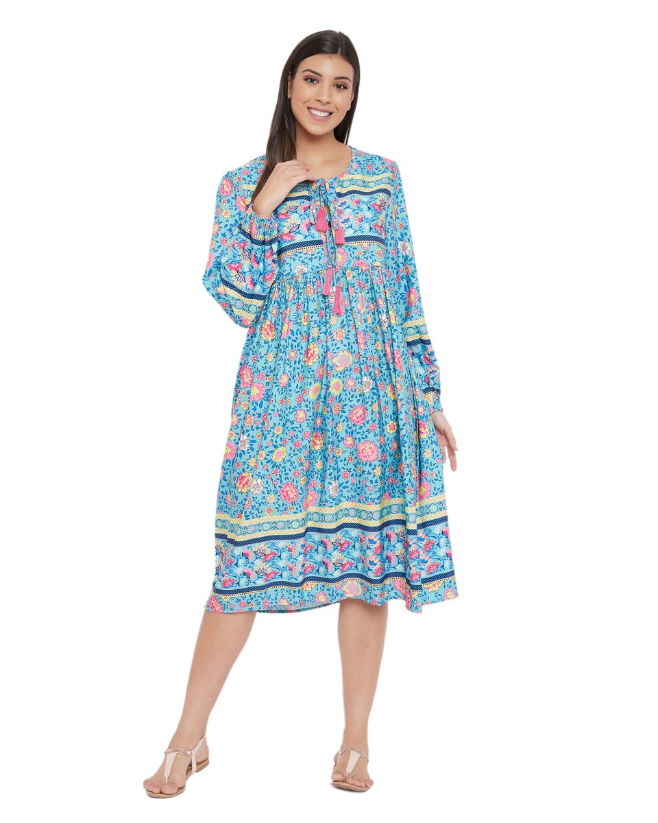 Sky Blue Floral Print Drawstring Poly Cotton Dress For Women