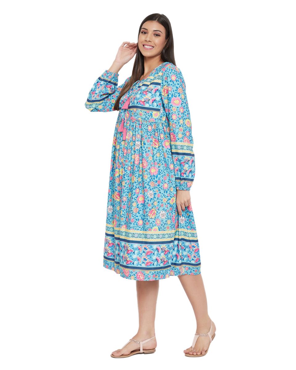 Floral Printed Sky Blue Cotton Empire Dress for Women