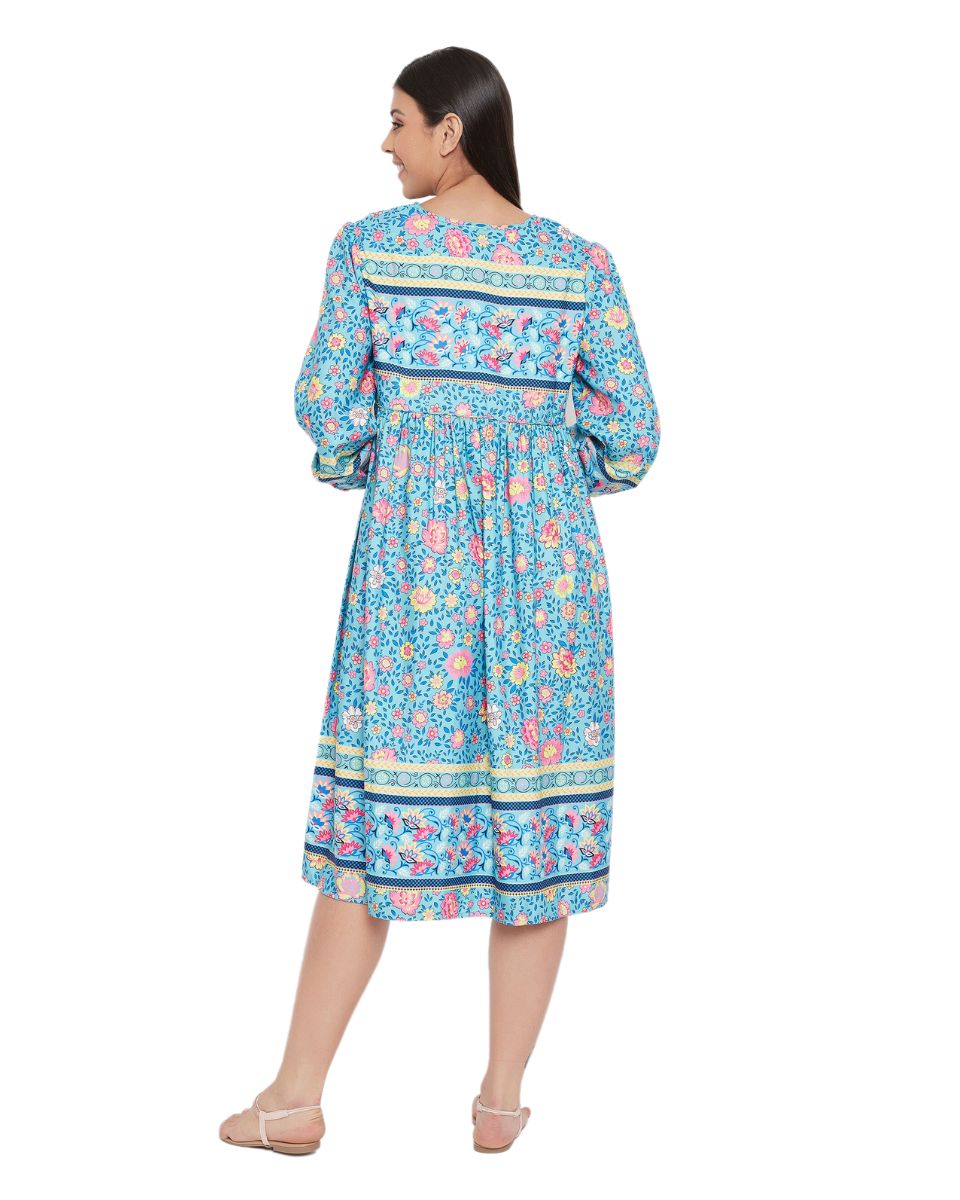 Sky Blue Floral Print Drawstring Poly Cotton Dress For Women