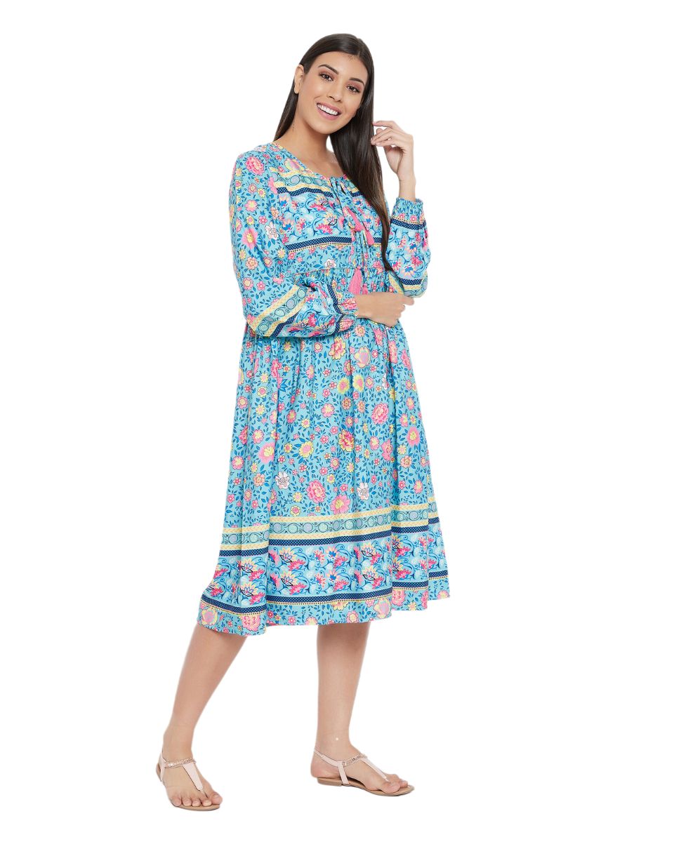 Sky Blue Floral Print Drawstring Poly Cotton Dress For Women