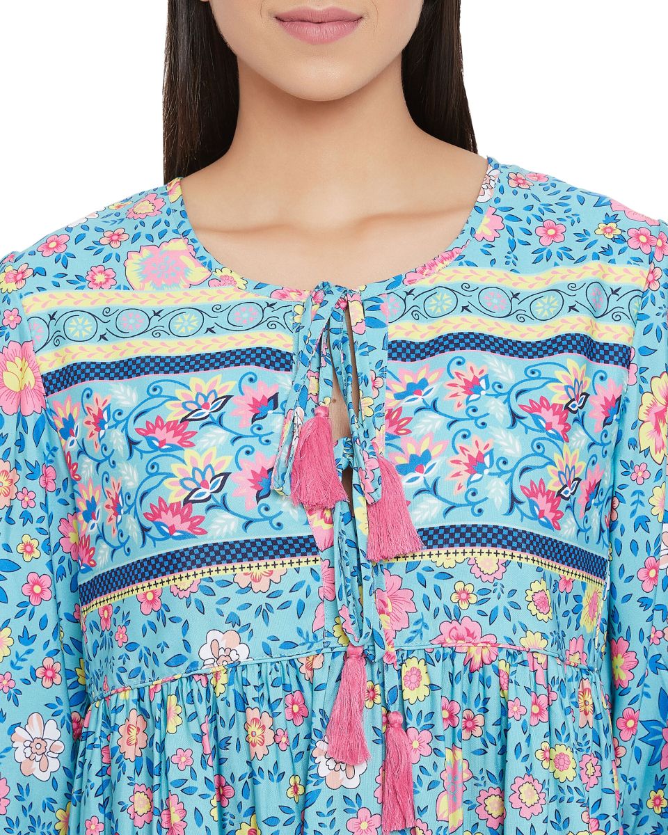 Floral Printed Sky Blue Cotton Empire Dress for Women