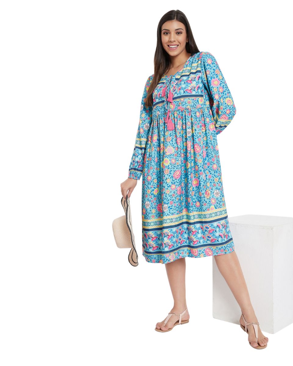 Floral Printed Sky Blue Cotton Empire Dress for Women