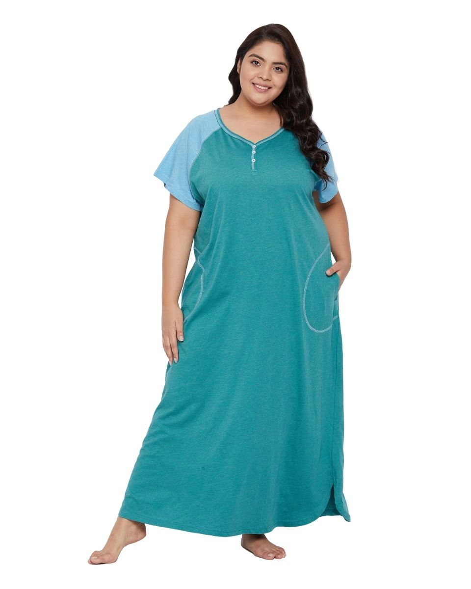 Poly Cotton Solid Green Loungewear Dress for Women