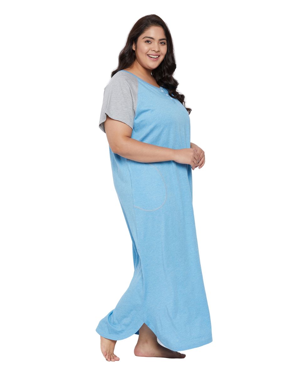 Solid Sky Blue Poly Cotton Melange Dress for Women