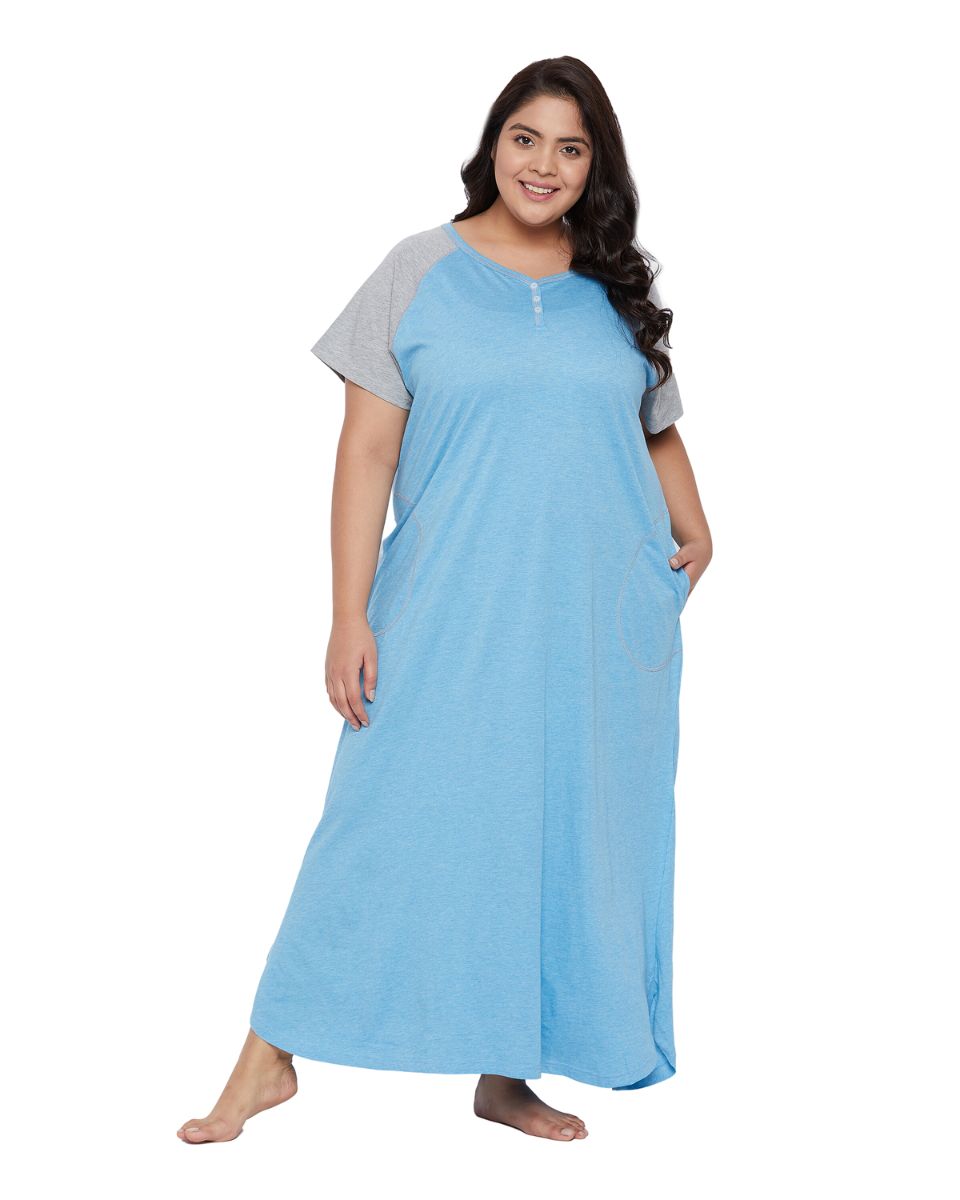 Solid Sky Blue Poly Cotton Melange Dress for Women