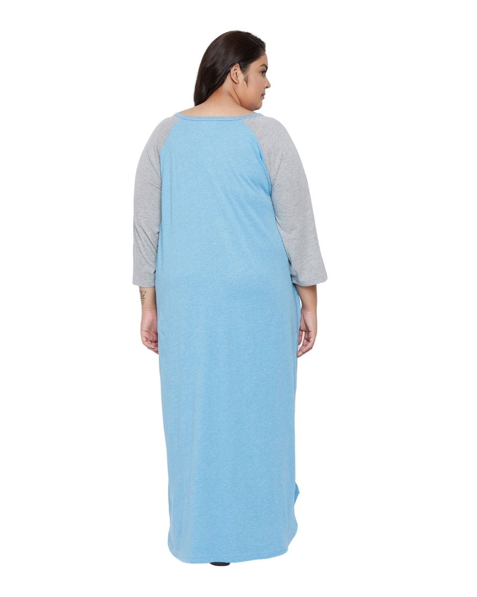 Long Sleeve Casual Sky Blue Melange Dress With Pockets For Women